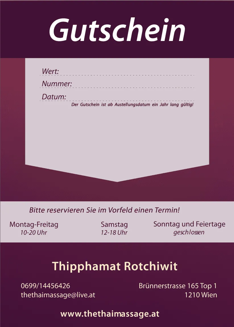 Gutschein Rückseite Geschenkgutschein Rückseite mit Geschenkbotschaft und Kontaktinformationen TheThaimassage
